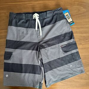 Airwalk Men's Striped Board Shorts L Gray/Black Drawstring Pockets